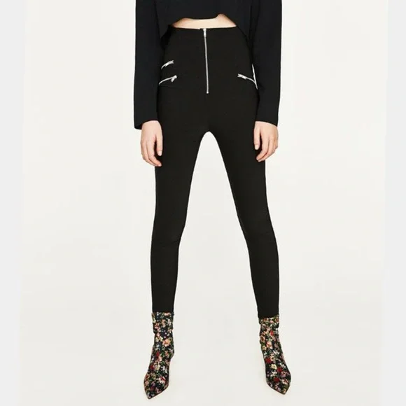 Zara Black High Waist Zipper Detail Leggings - Picture 3 of 4